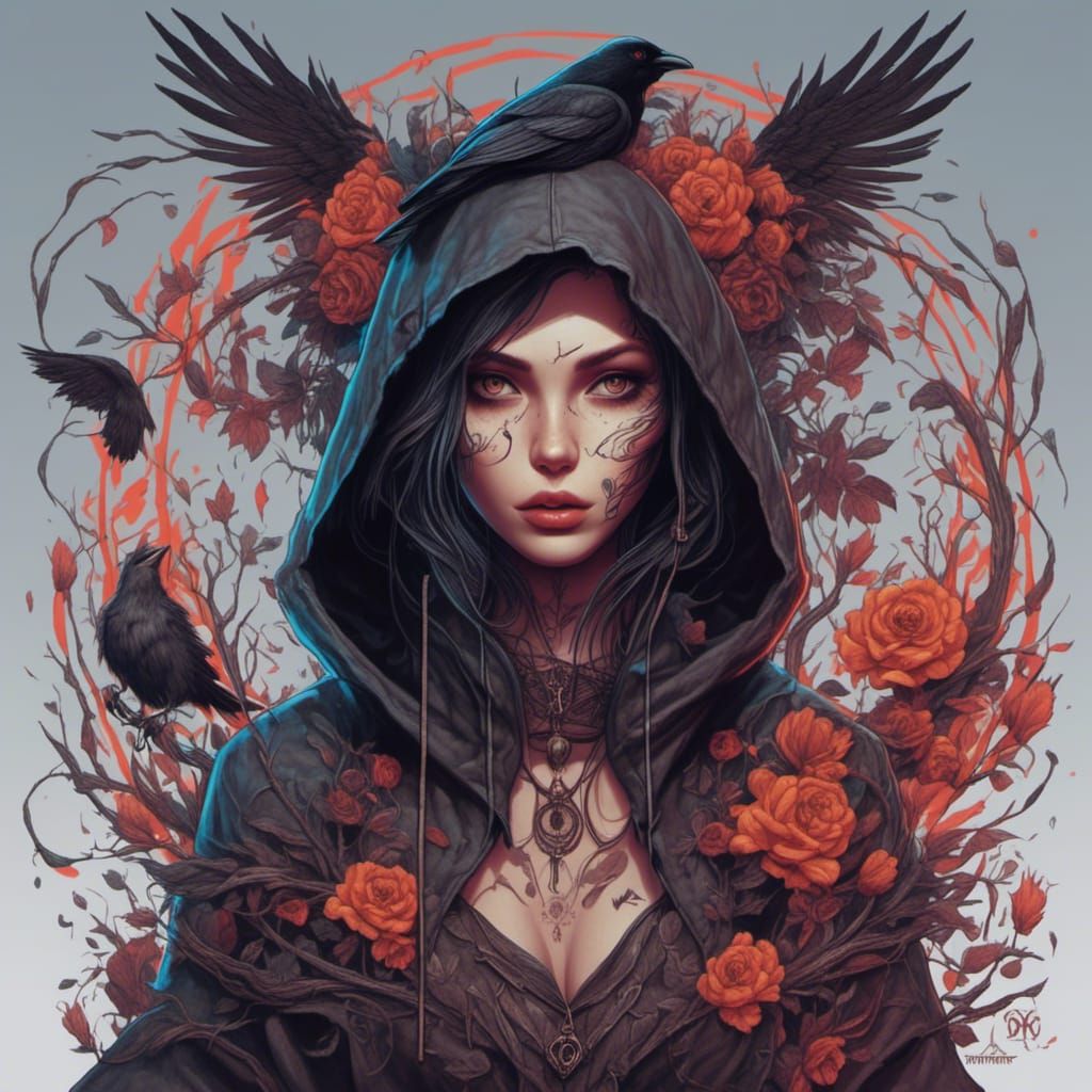 Dark Modern Witch with Crow Portrait