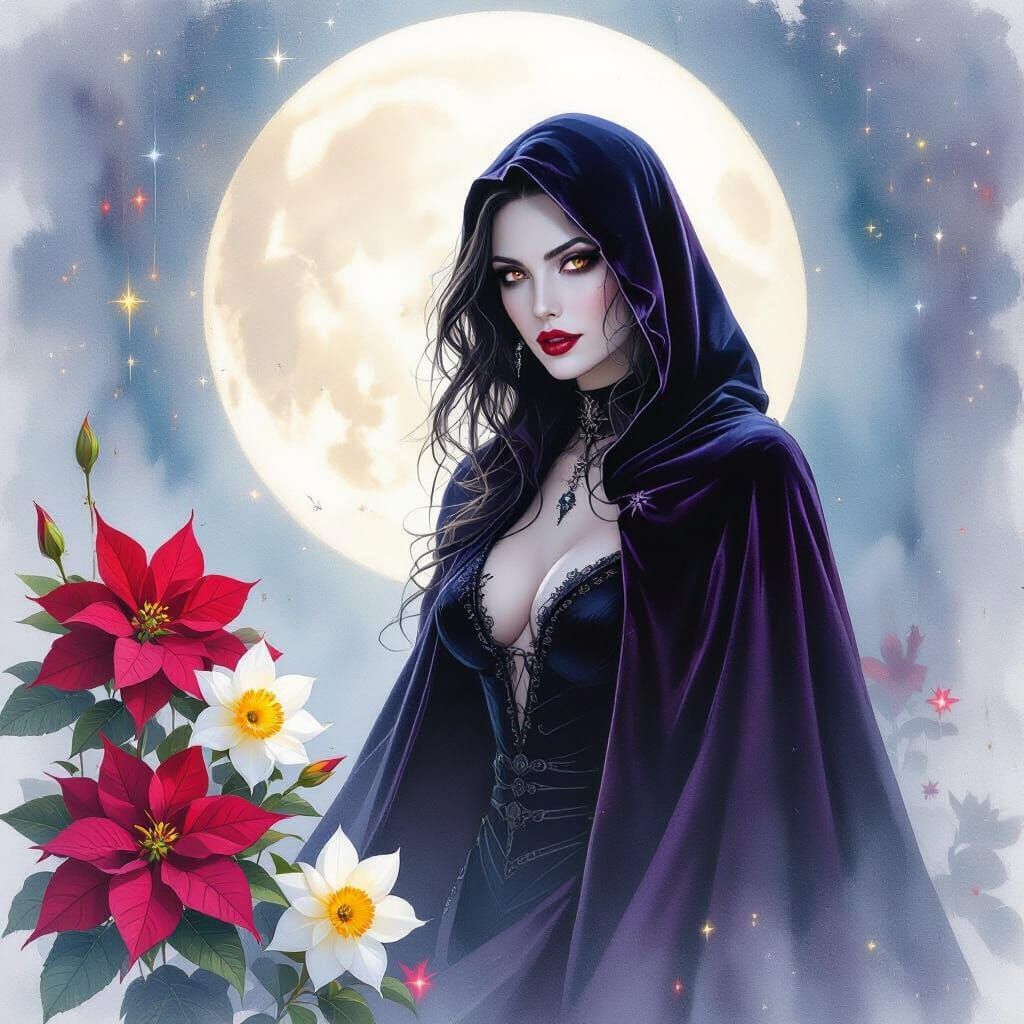 Surreal Vampire Portrait with Blooming Light-Thread Flowers