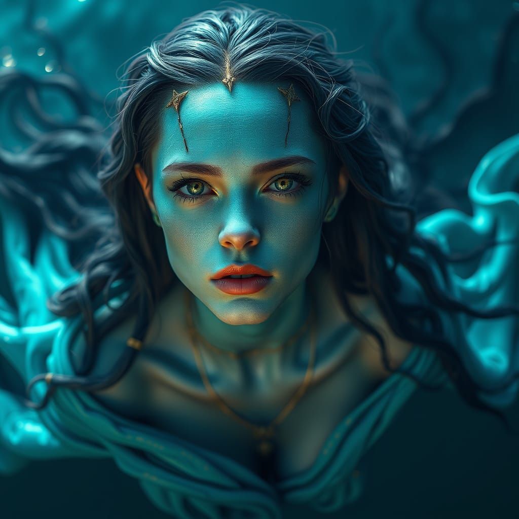 Serenely Floating Green-Blue Goddess in Oceanic Realm