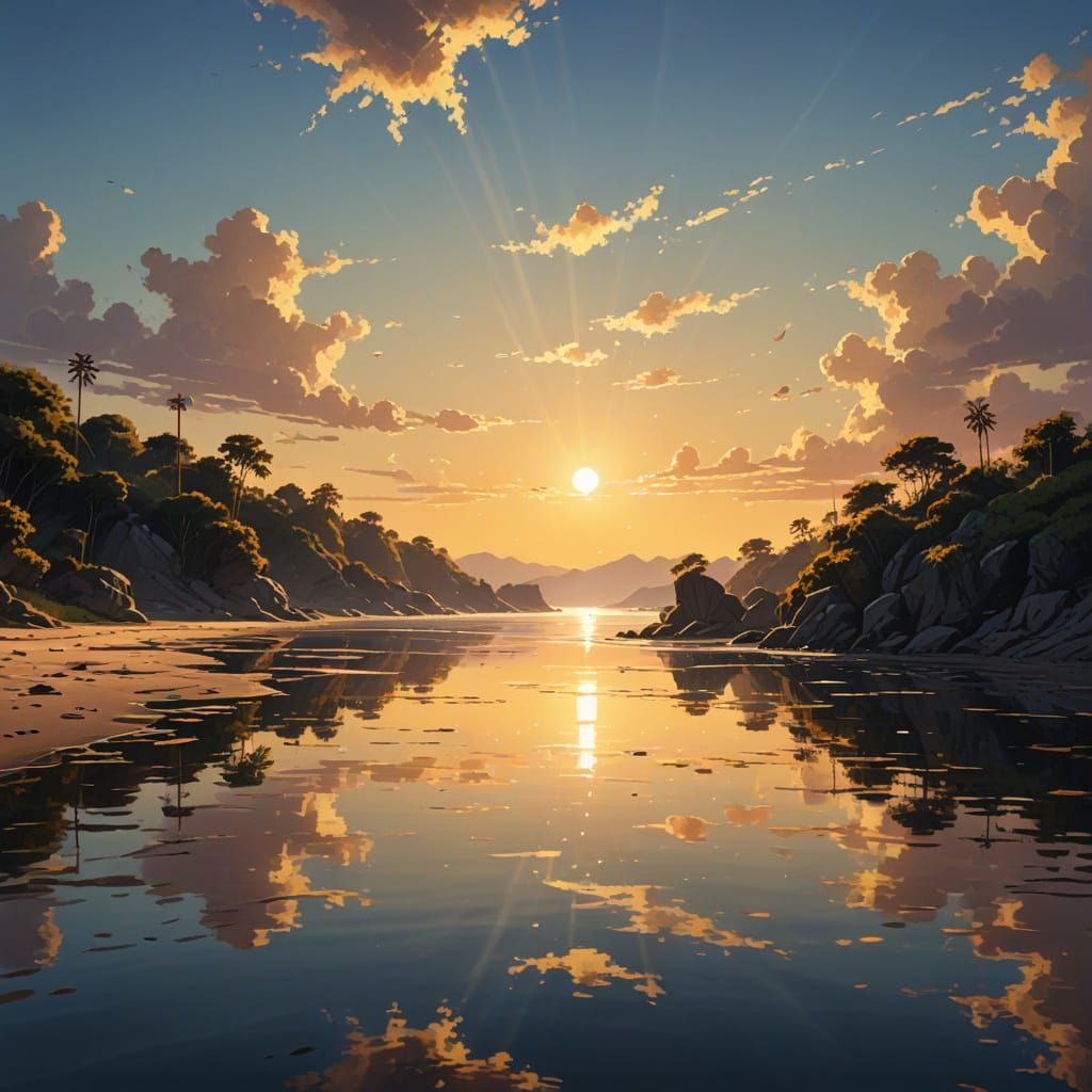 Golden Sunrise at River Mouth in Splash Art Style