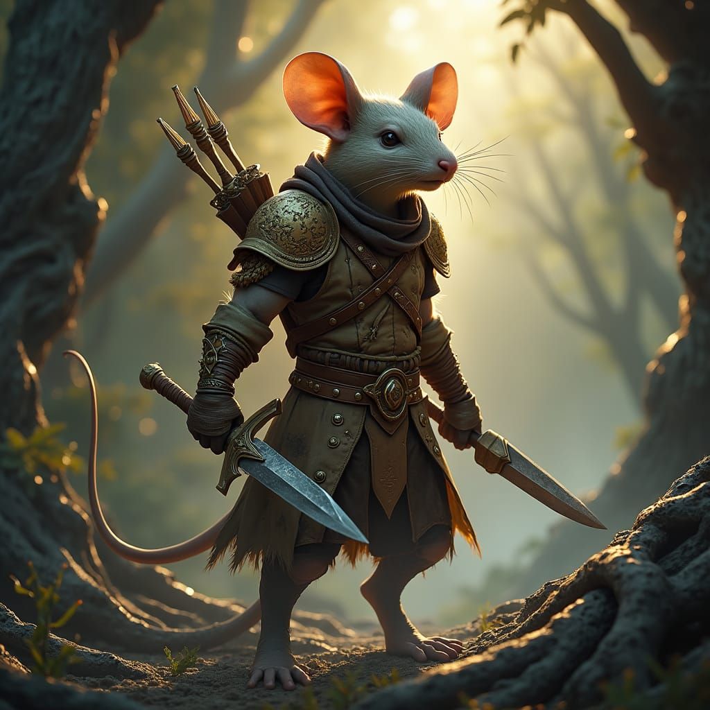 Mouse Warrior in Mystical Forest, Fantasy Art