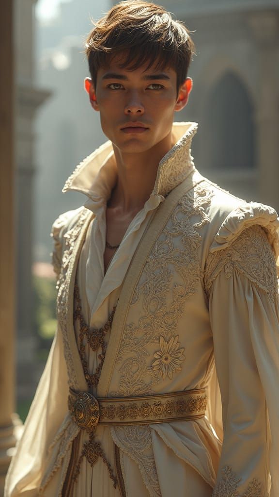 Androgynous Noble in Lace Dress, Fantasy Castle Setting