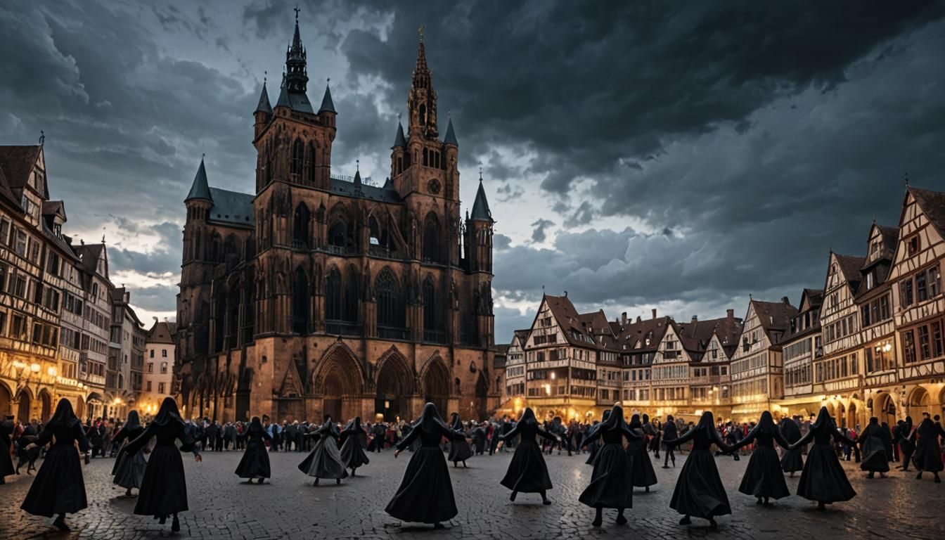 Eerie Medieval Town Square with Ghostly Dancers