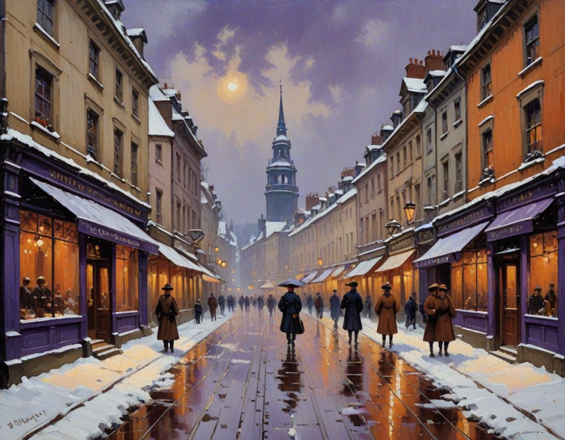 Impressionist Snow Scene: 19th Century European Street