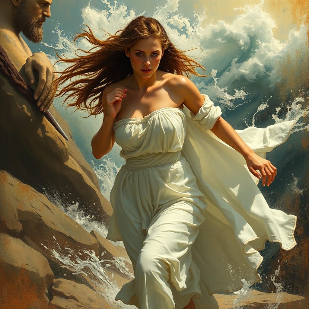 Medusa Running from Poseidon in Dramatic Scene