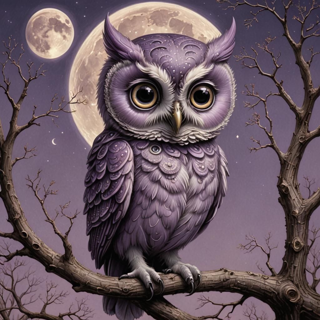 Purple Owl with Luminous Eyes: Surreal Pop Art