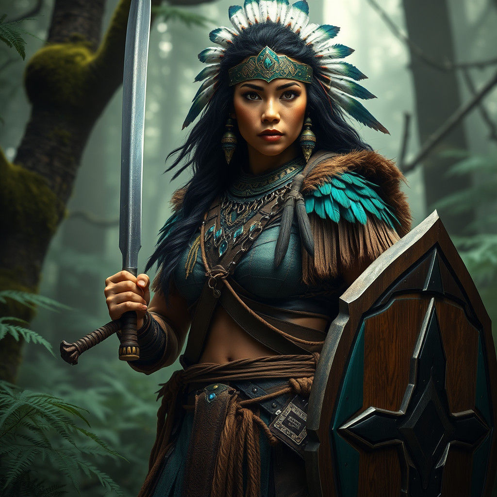 Indigenous Woman Warrior in Misty Forest, Digital Matte Pain...