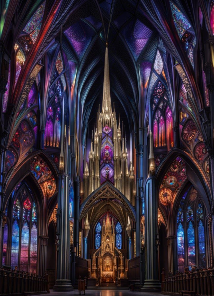 Gothic Cathedral Floating Over Breathtaking Nebulae