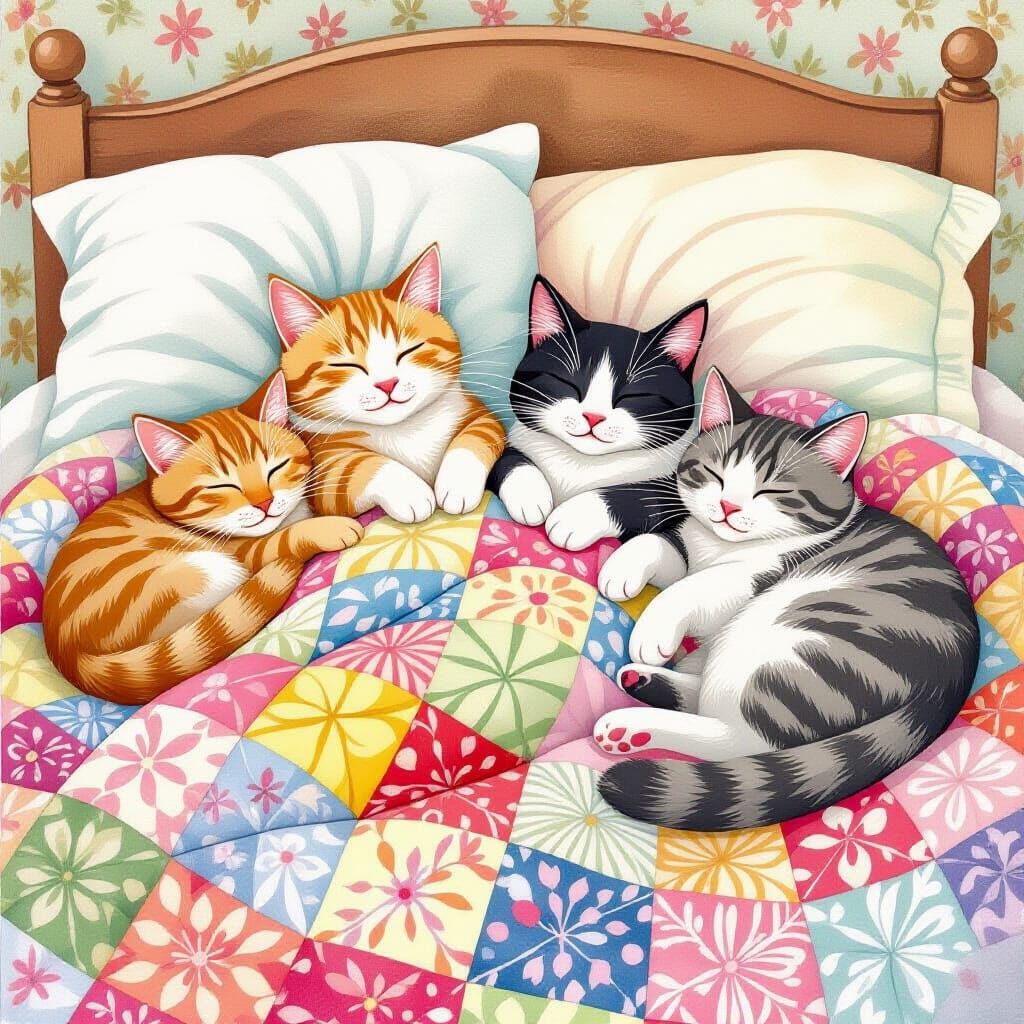 Four Cats Sleeping on a Bed in Watercolor Style