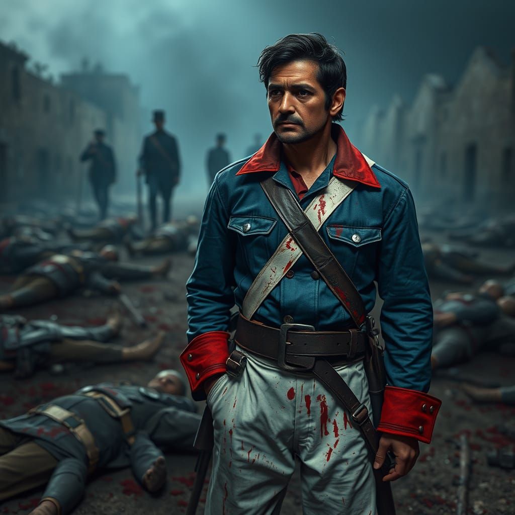 Weary Mexican Soldier Amidst Alamo's Carnage