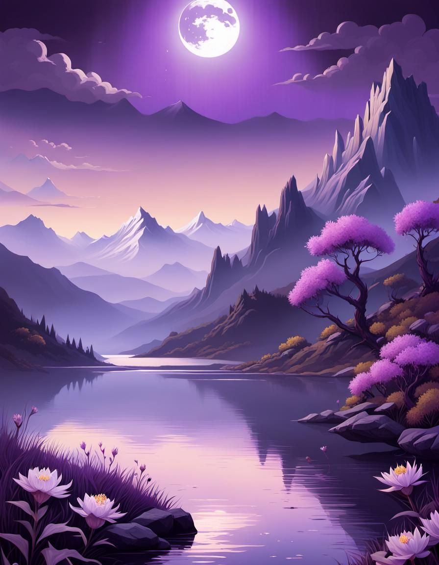 Purple moon with thorns and flowers over mountains and a lak...
