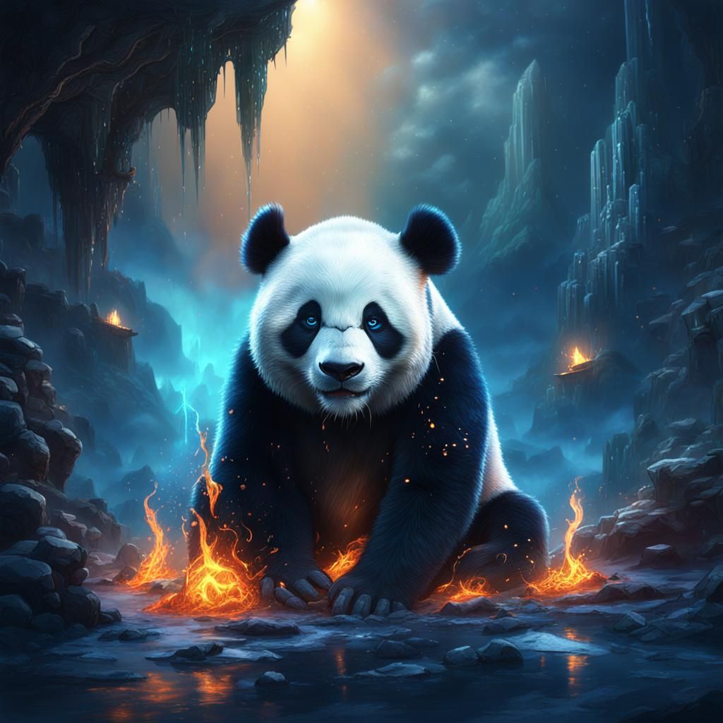 Sad Panda Crying Blue Fire: Detailed Concept Art