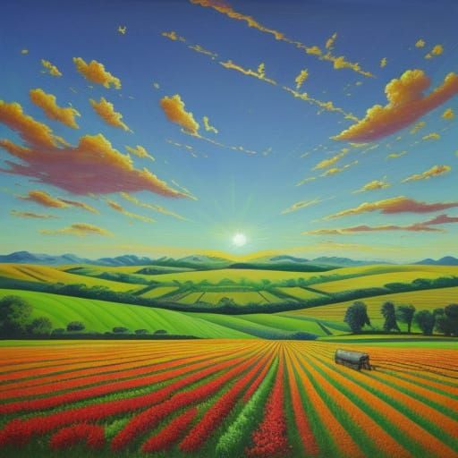 Surreal Farmers Tending Sun-Drenched Fields in Vibrant Oil P...