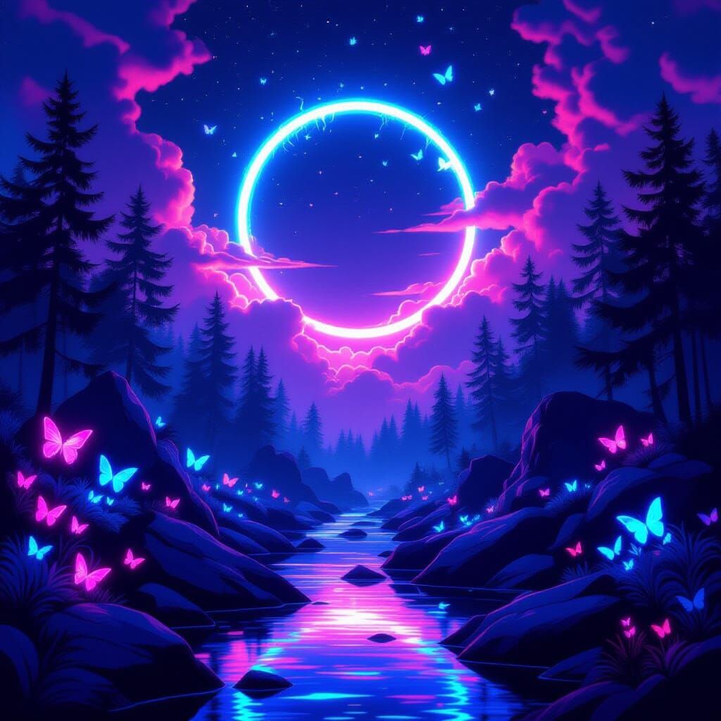 Glowing Fantasy Forest at Night in Digital Painting Style