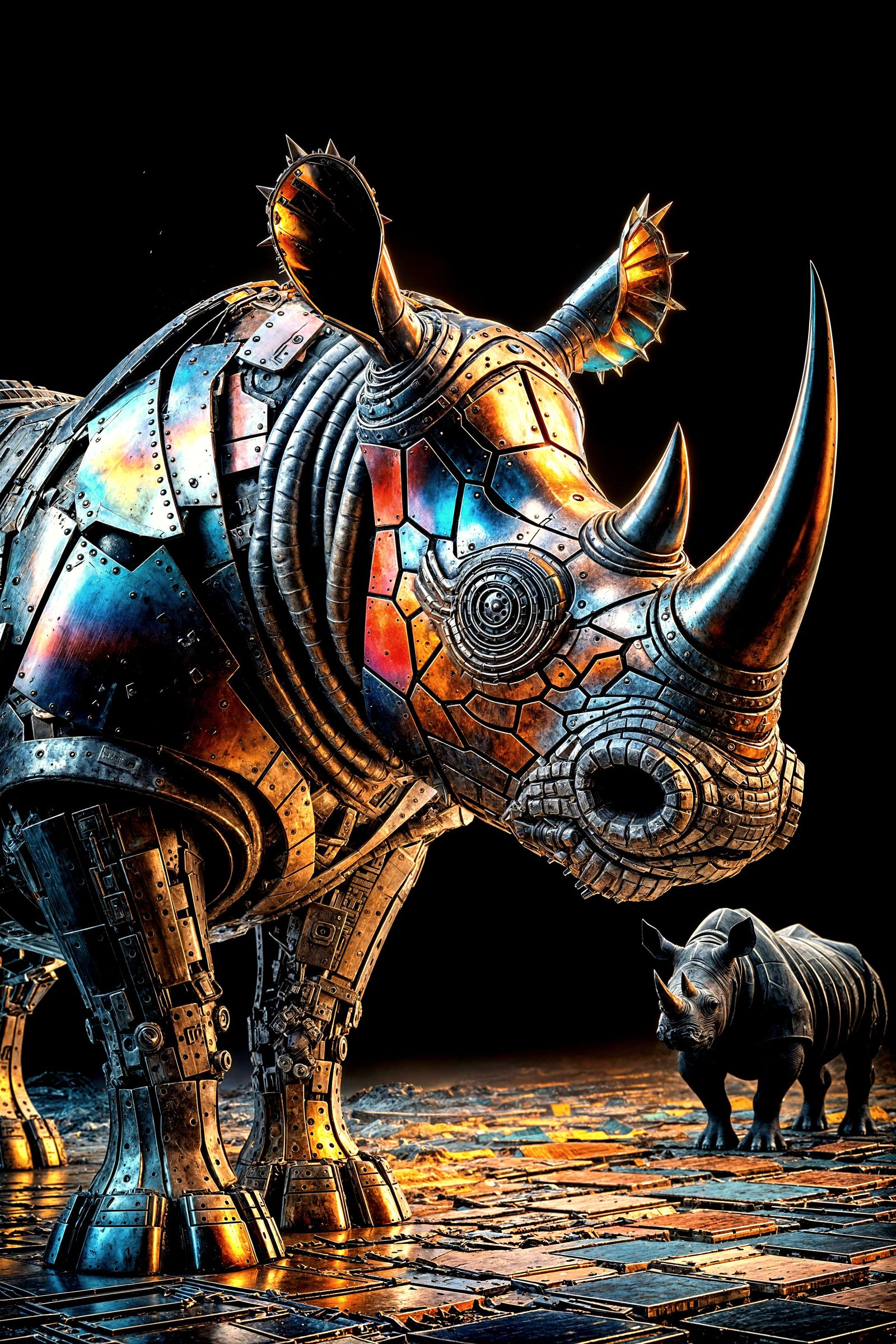 Fierce Scrap Metal Rhino Sculpture in Hyper-Gradient Colors