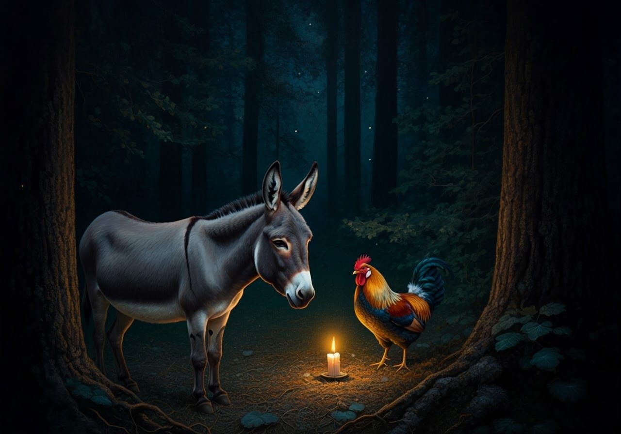 Mystical Forest Scene at Night with Gentle Donkey and Rooste...