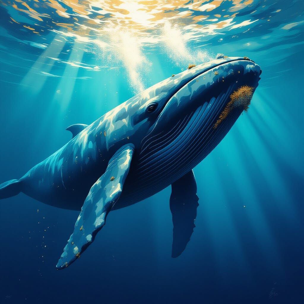 Blue Whale Engulfing Plankton in Impasto Style