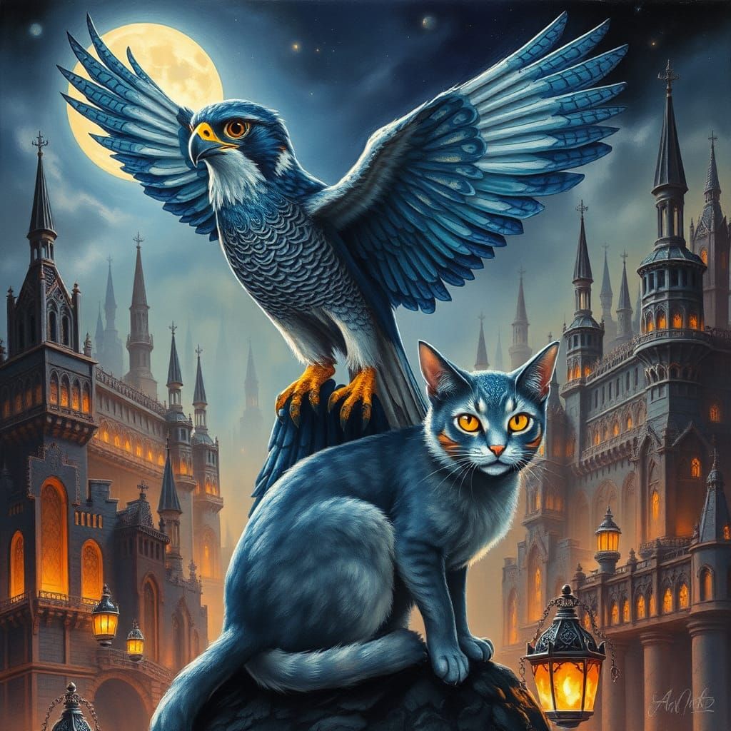 Falcon on Fairy Cat in Dystopian Dreamscape