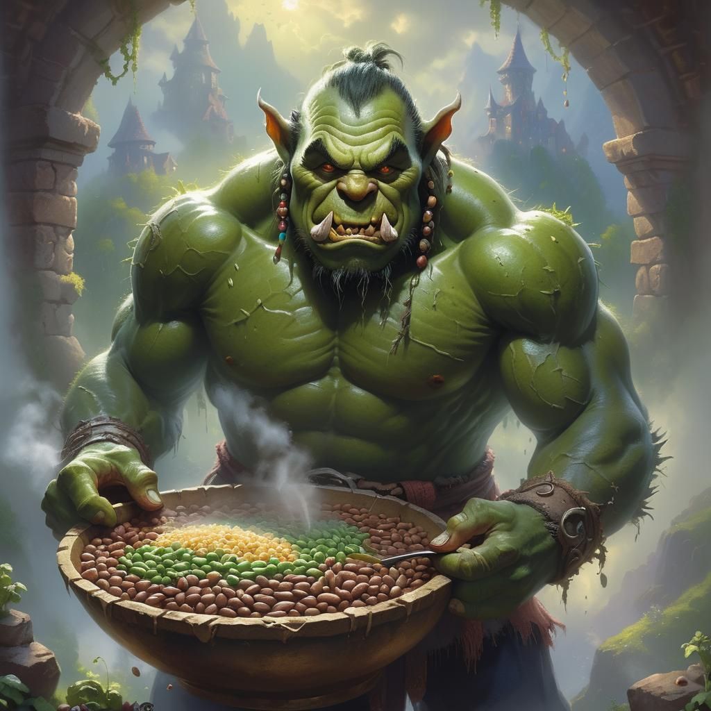 Orc Enjoying Beans in Magical Landscape