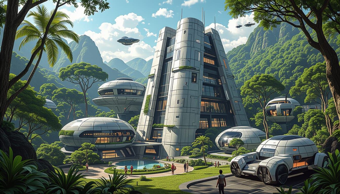 Futuristic Titan Bunker City with Lush Jungle and Dinosaur