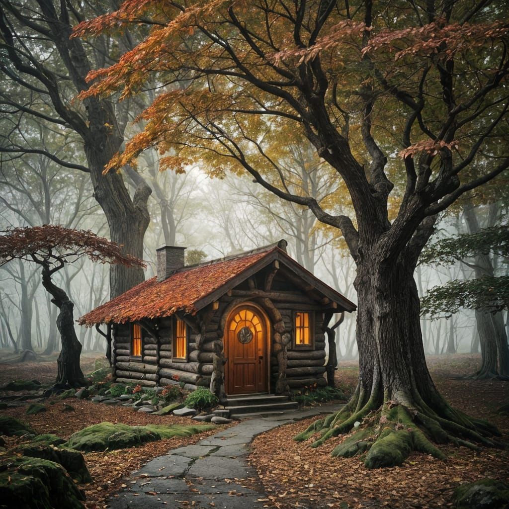 Magnificent Maple Tree in Autumn Splendor with Hobbit Home