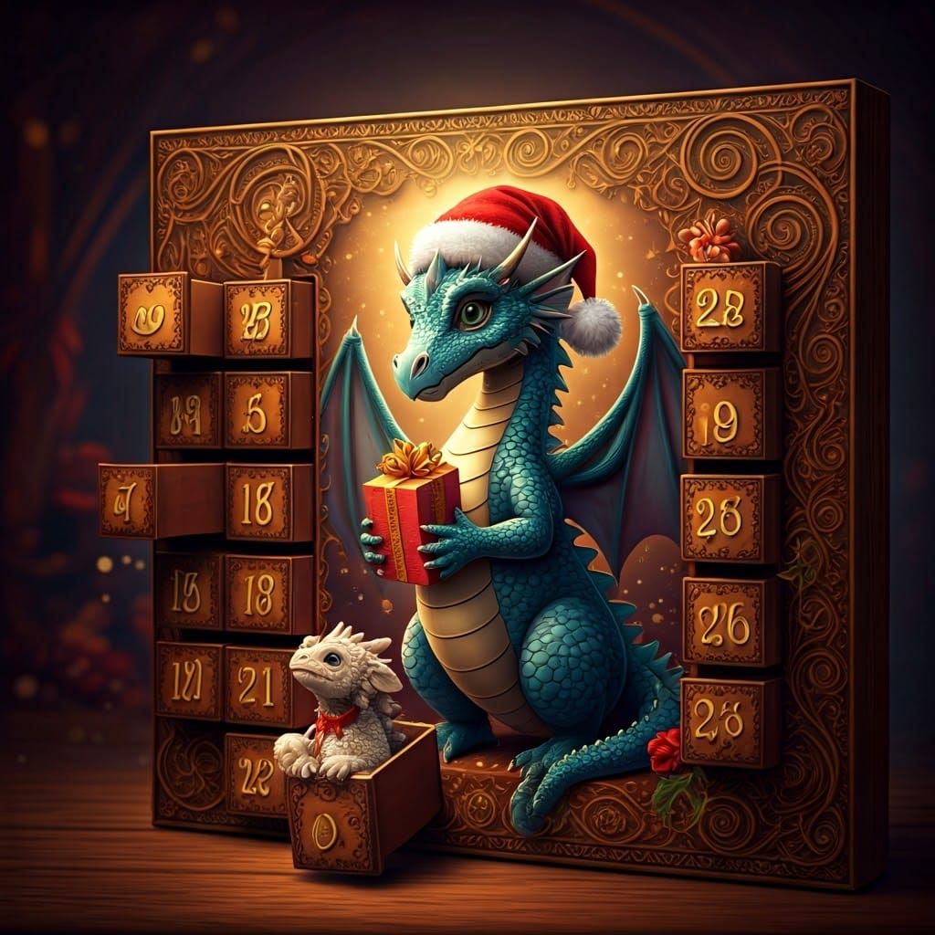 Elegant Advent Calendar with Dragon and Swirling Borders