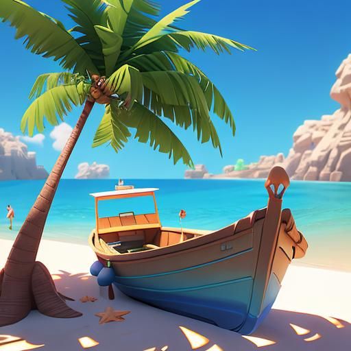 Sunny Beach with Boat: Pixar-Style 3D Render