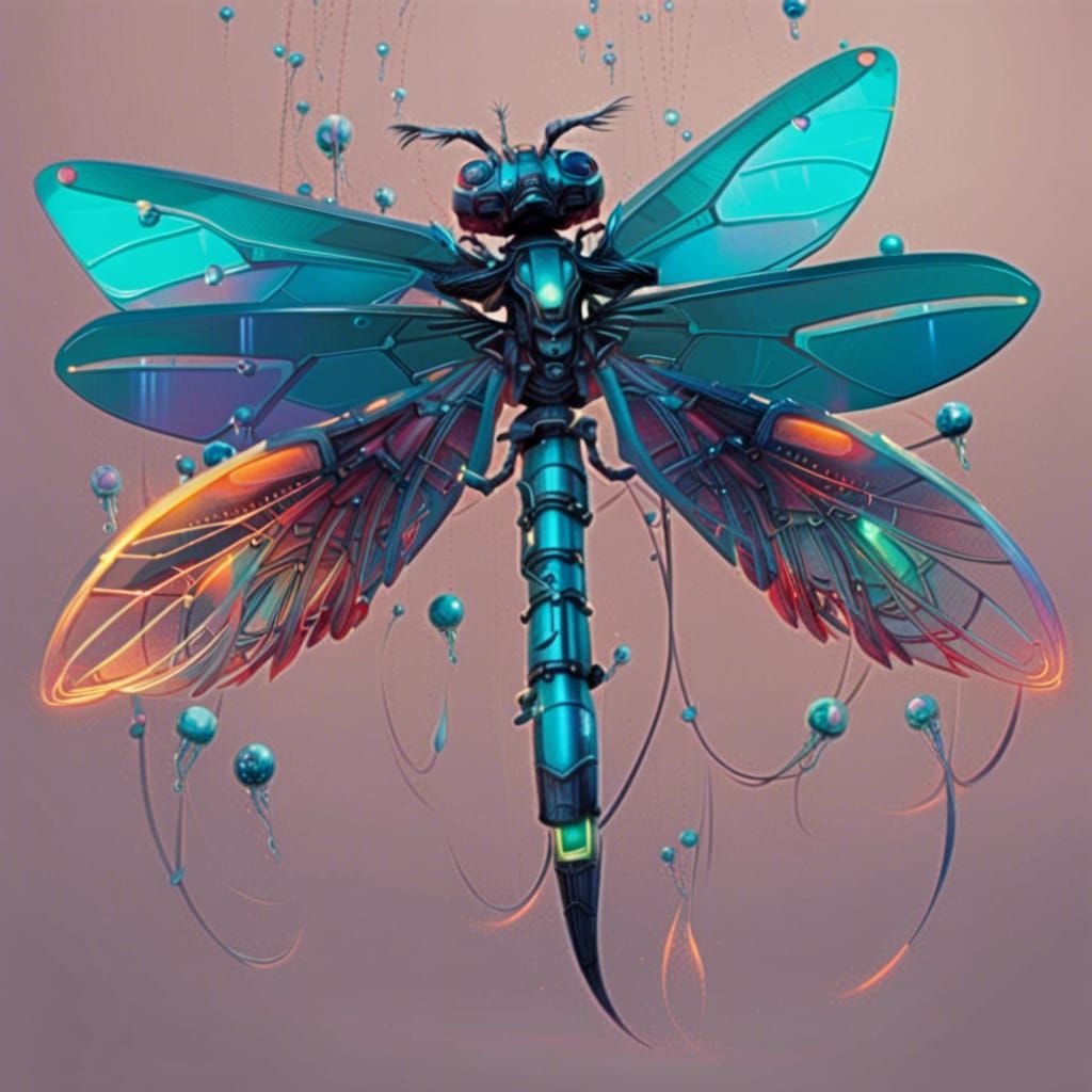 Cyberpunk Dragonfly over Flower in Neon Cityscape