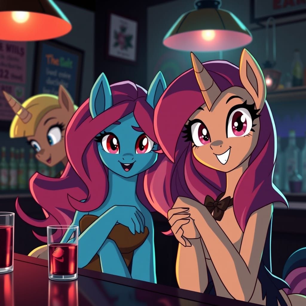Technicolor Noir Detective Equestria Girls in a Smoky Bar