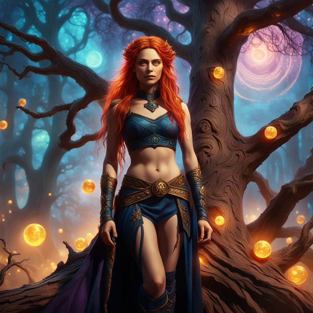 Sorceress Surrounded by Ethereal Orbs: Fantasy Concept Art