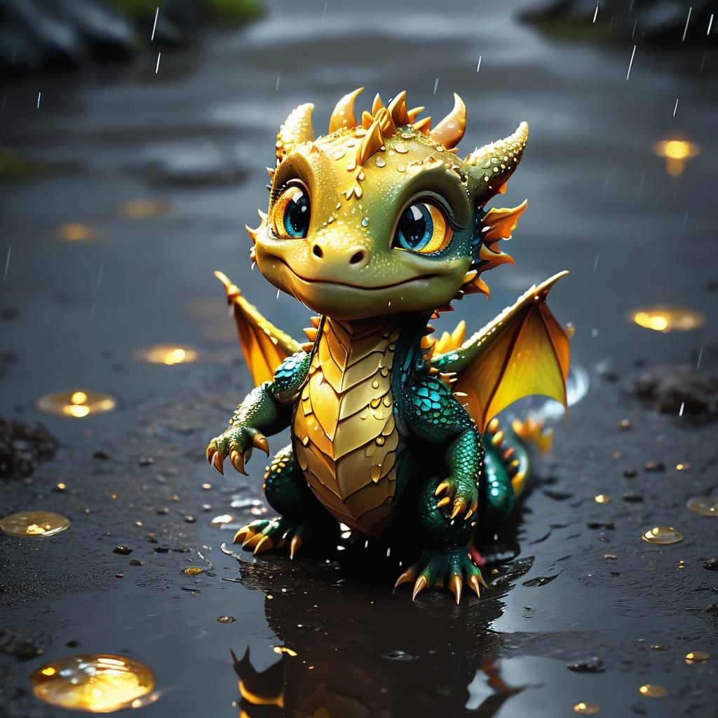 Happy Baby Dragon in Rainy Weather