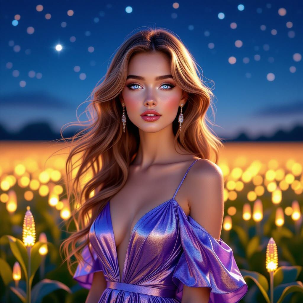 Beautiful Woman in Bioluminescent Corn Field