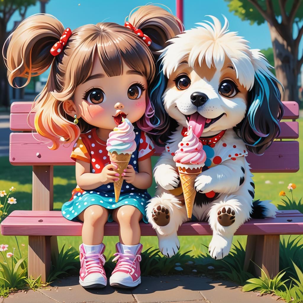 Chibi girl and dog sitting on a bench licking ice cream