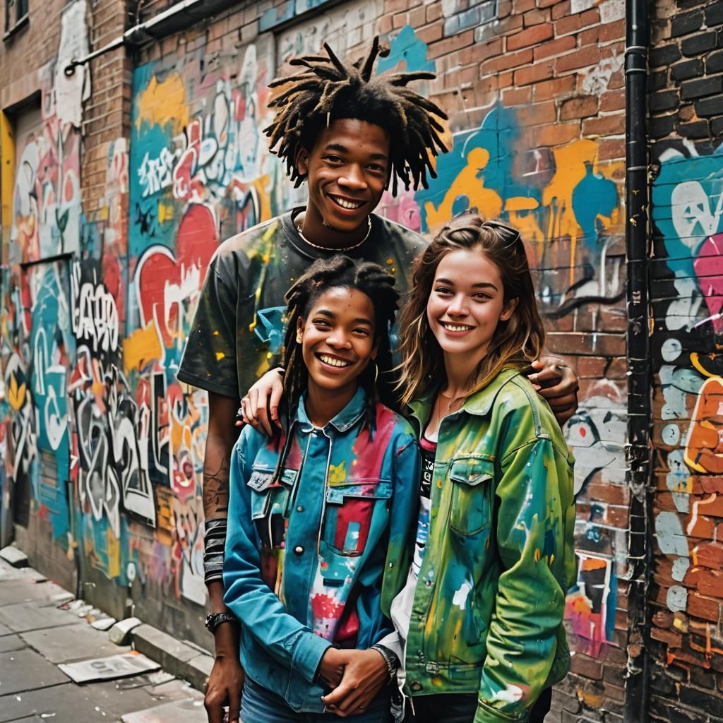 Smiling Couple in Basquiat-Inspired Street Art