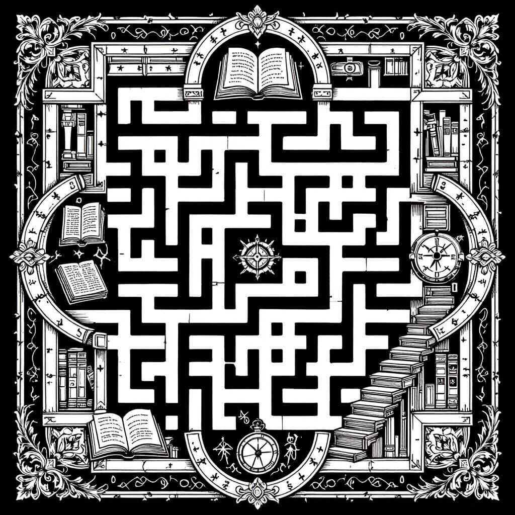 Intricate Black and White Maze Art with Magic School Theme