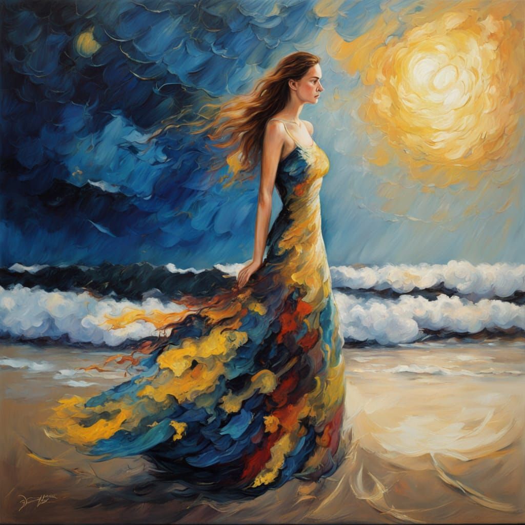 Dress of Sand, Sea, and Stars in Neo-Impressionist Style
