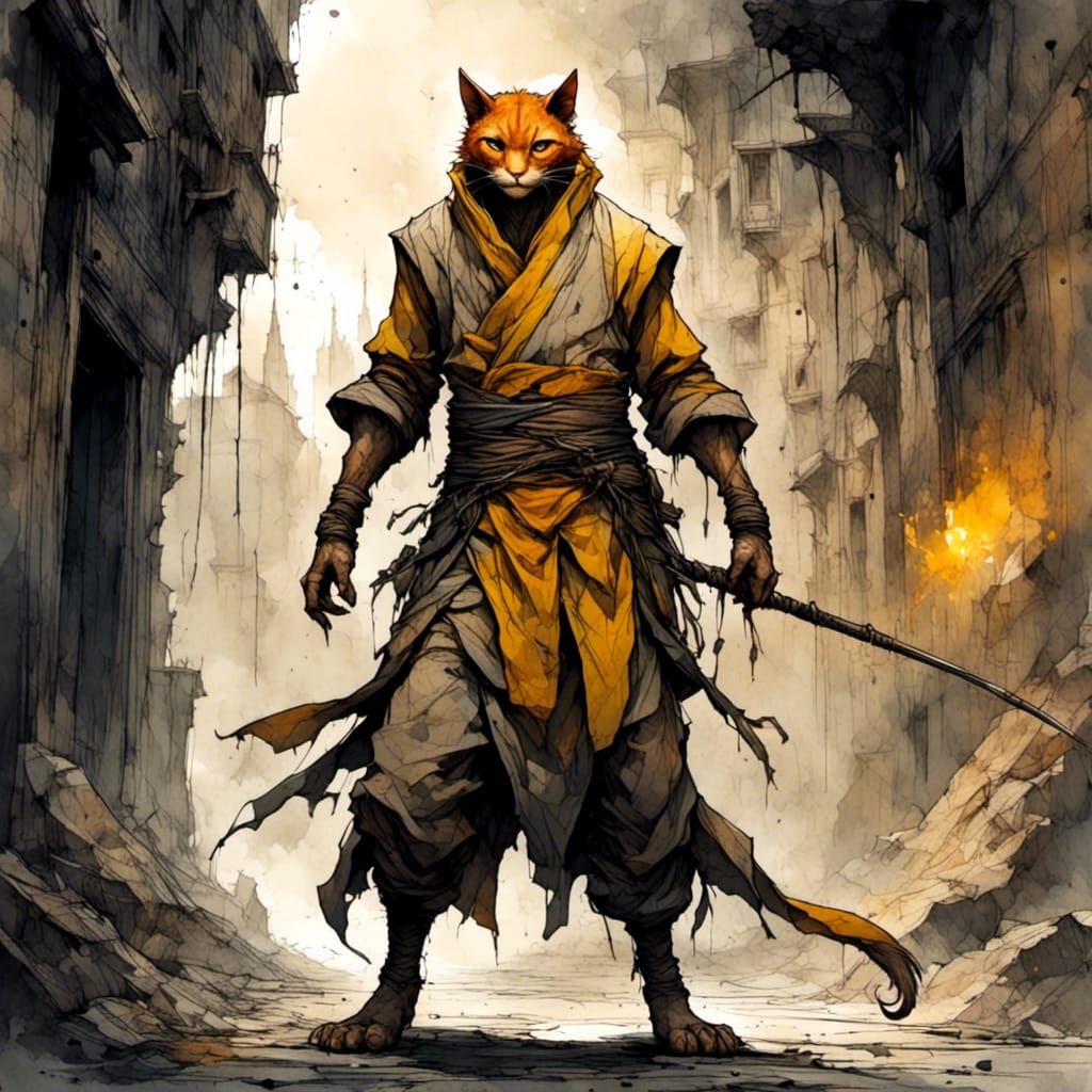 Tabaxi Monk Ready to Leap in Grimy Alley