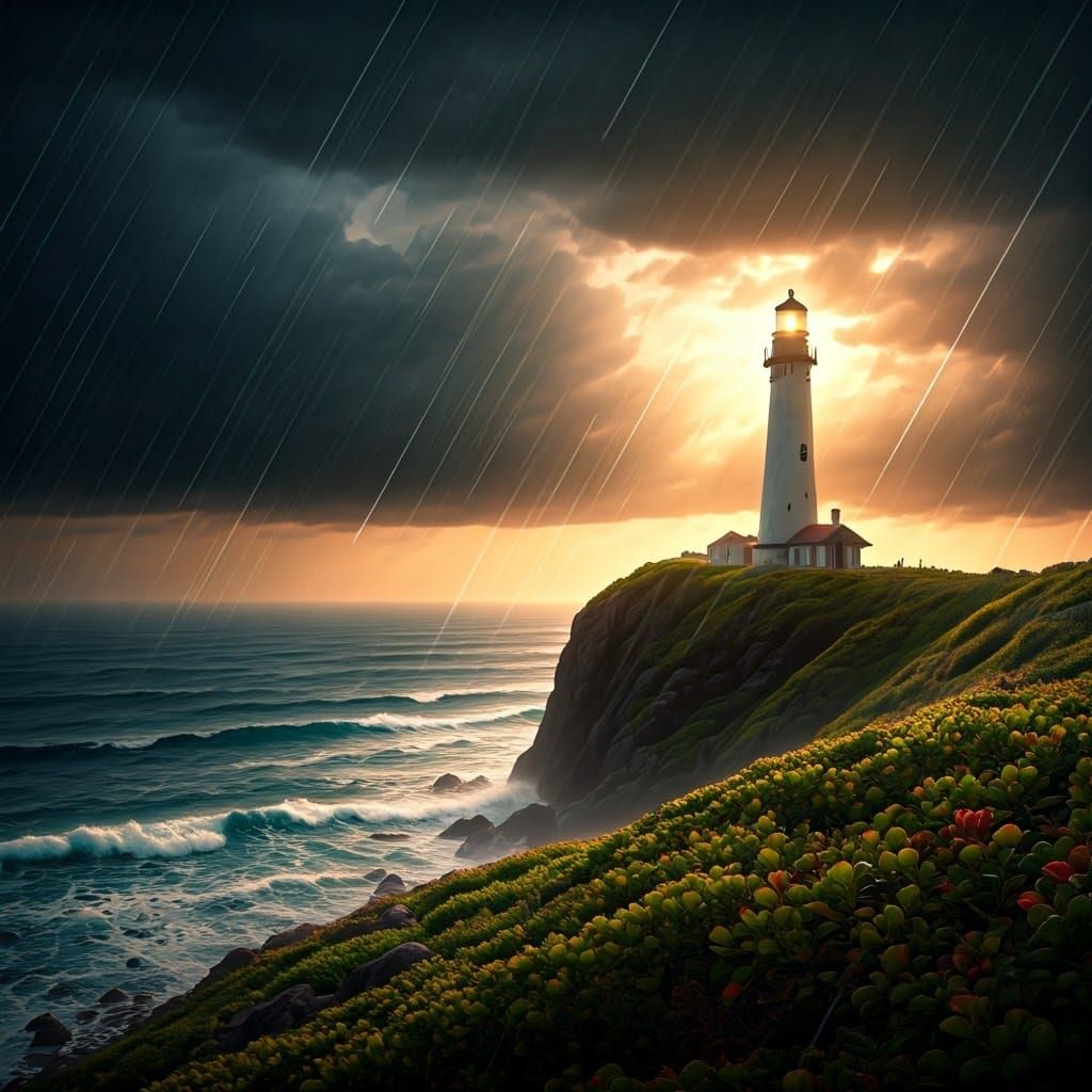 Serene Lighthouse Standoff Against Turbulent Sea Storm