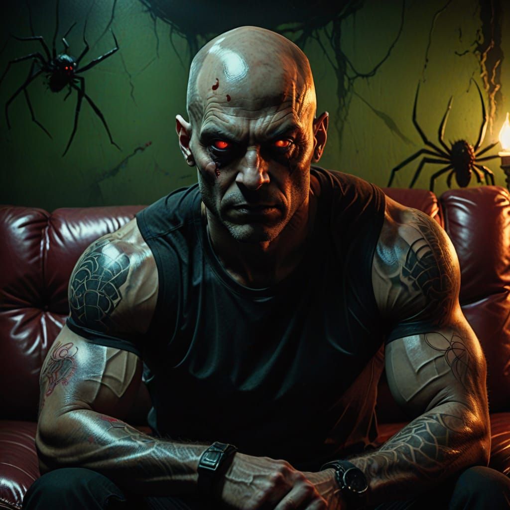 Muscular Bald Man in Dark, Gritty Sci-Fi Horror Scene