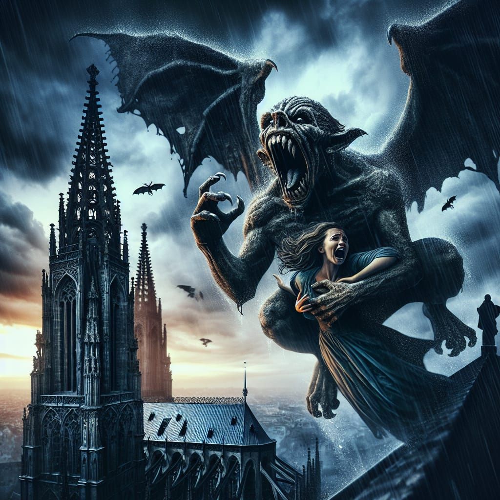 Gargoyle Soaring with Woman Above Gothic Cathedral