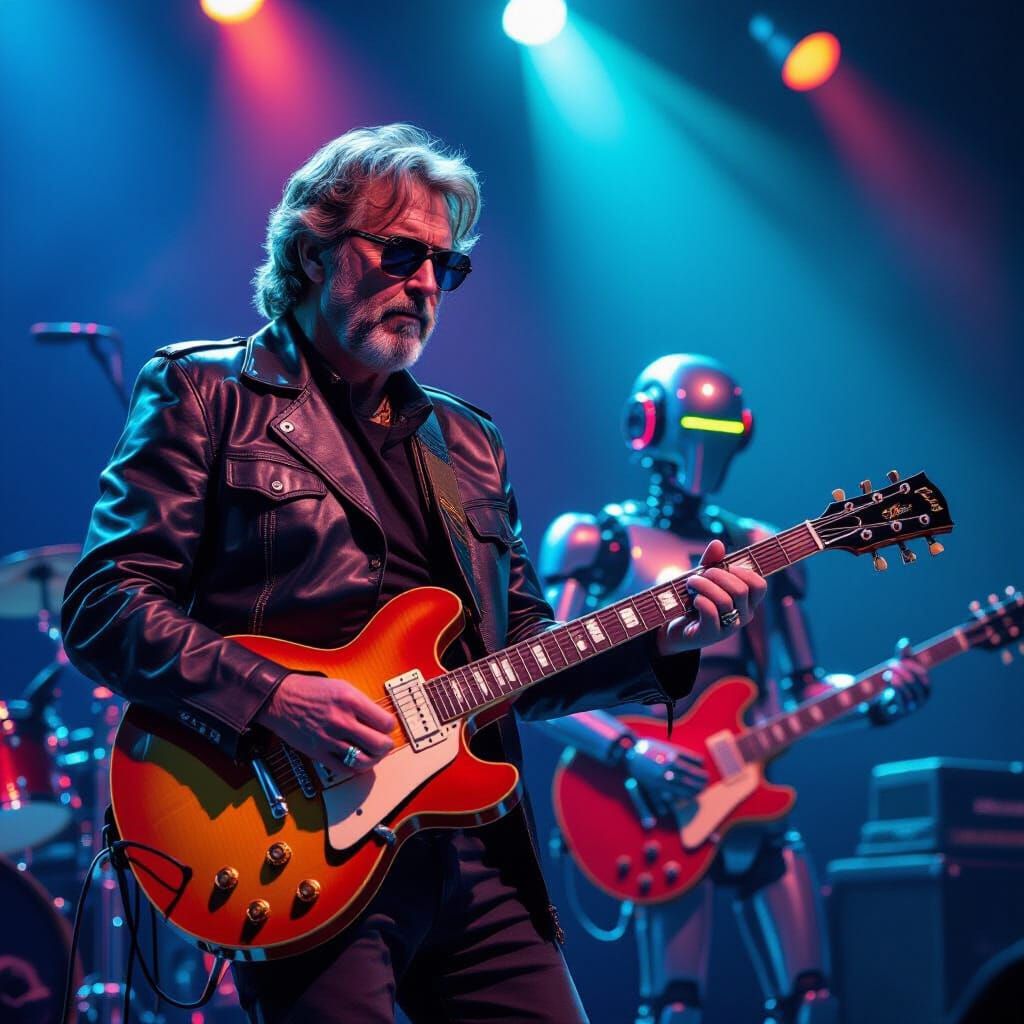 Cyberpunk Guitarist with Robot Band