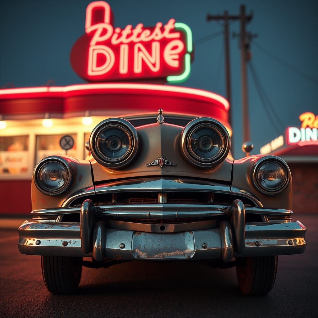 imagine a vintage car with a pair of round headlights that r...