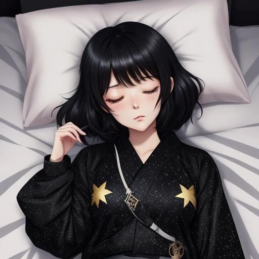 Chibi Girl Sleeping in Starry Night, Anime Style