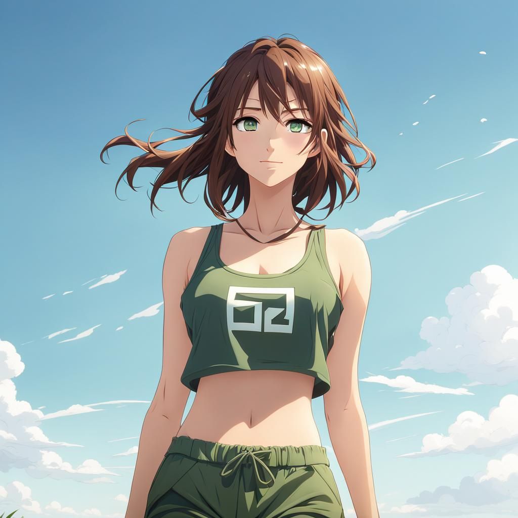 Anime Woman Portrait with Brown Hair and Warm Smile