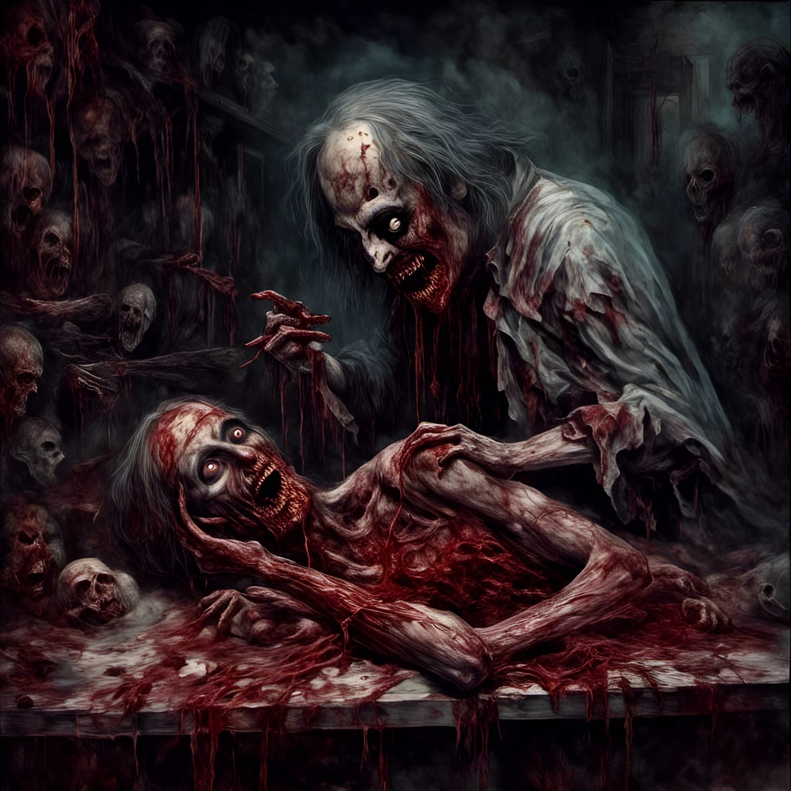 Rotting Zombie Cannibalism in Creepy Horror Illustration