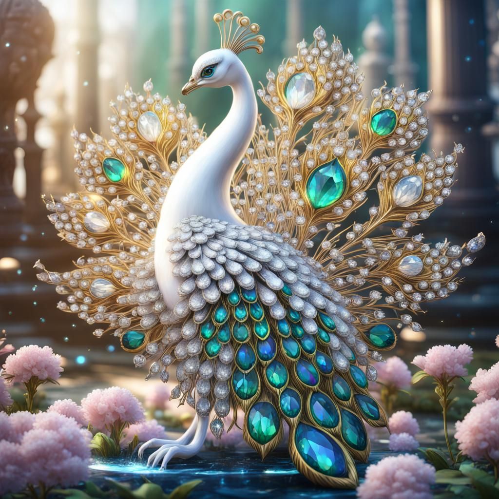 Diamond Peacock with Fairies and Dragons