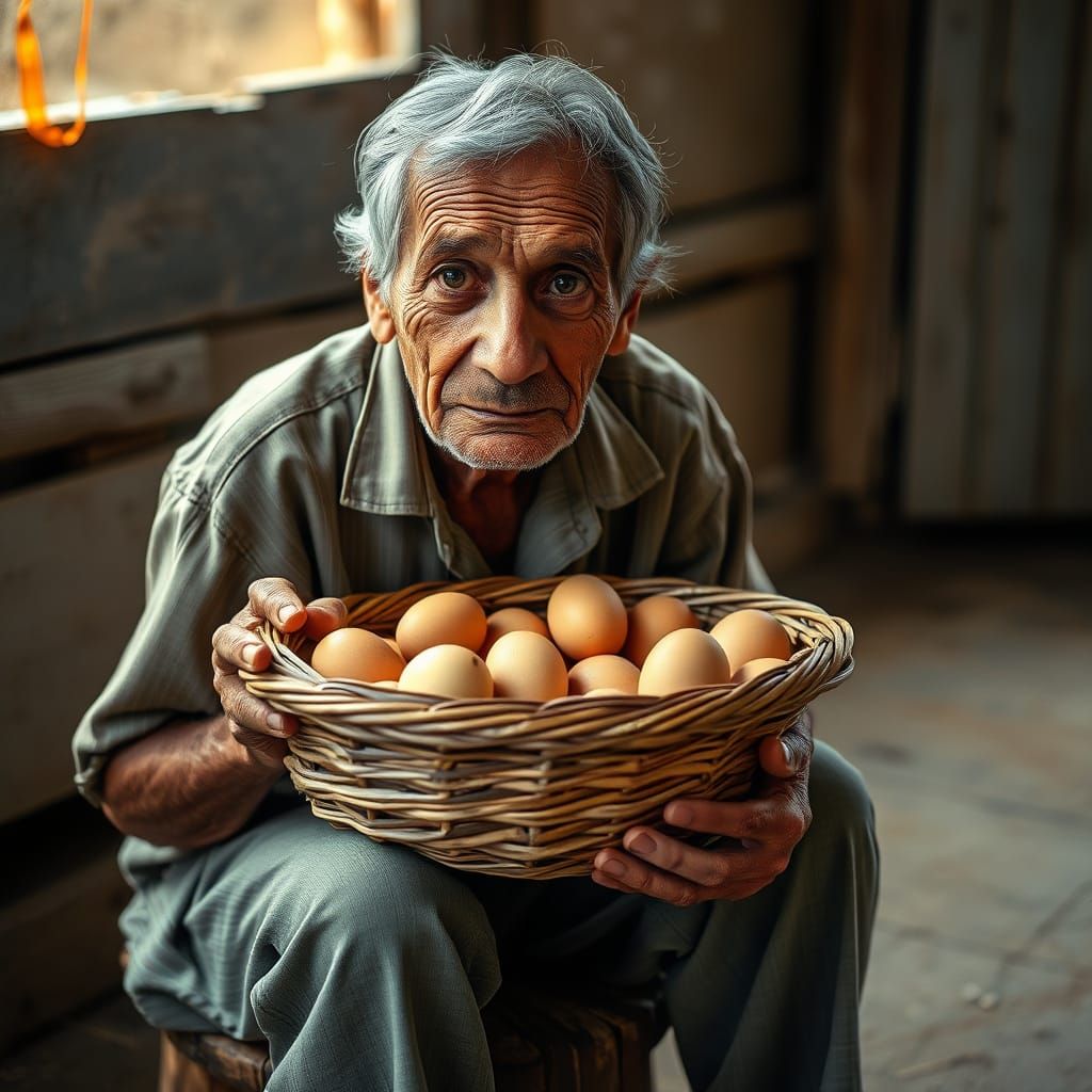 Elderly Farmer with Fresh Eggs, Documentary Style