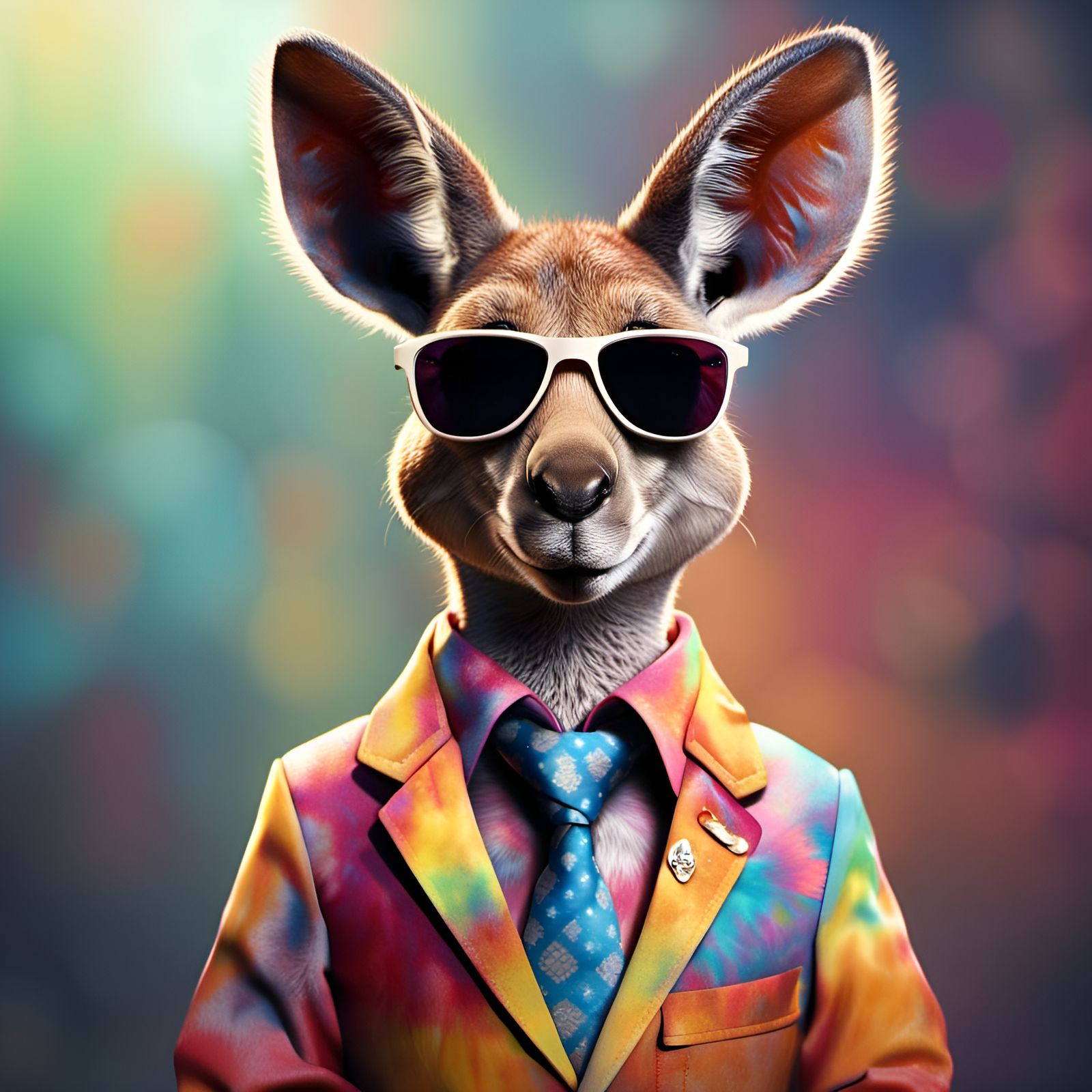 Kangaroo in Tie-Dye Shirt: Detailed Fantasy Portrait