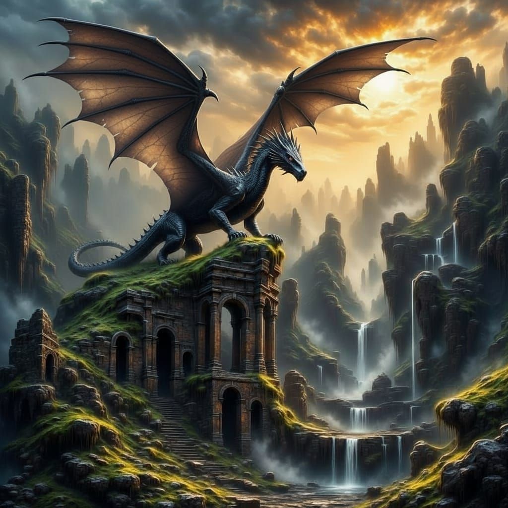 Majestic Black Dragon Over Misty Valley at Dawn