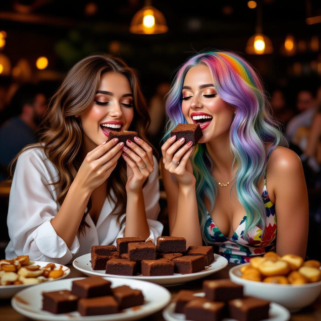Women Enjoying Brownies at a Lively Party Buffet
